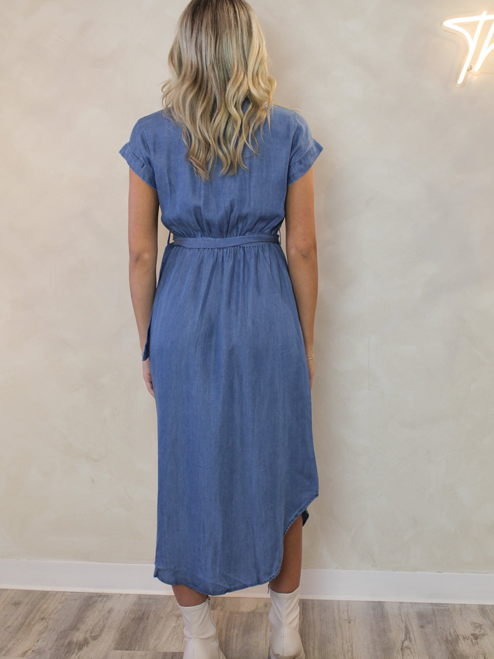 DENIM MIDI DRESS WITH ASYMMETRIC HEM