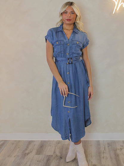 DENIM STYLE MIDI DRESS WITH BELT 