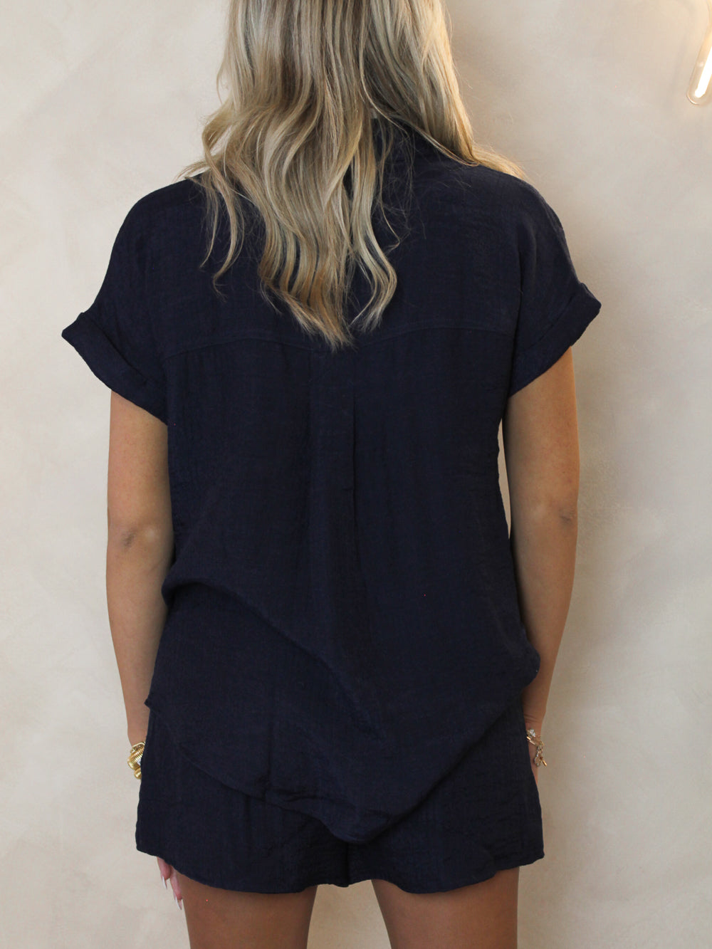 NAVY LINEN, SHORT SLEEVE TOP FOR WOMEN