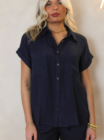 SHORT SLEEVE, NAVY LINEN TOP FOR WOMEN