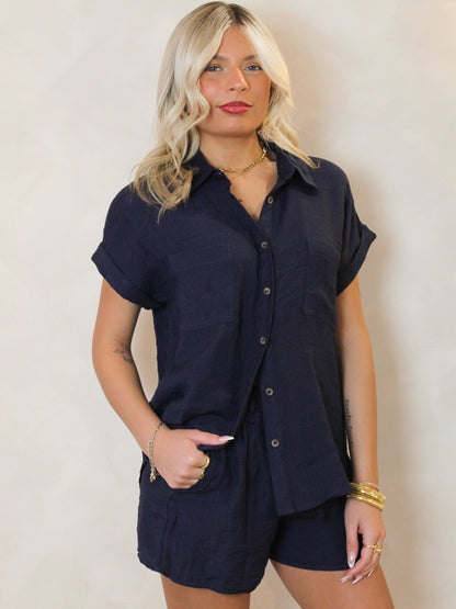 WOMENS NAVY LINEN, SHORT SLEEVE, BUTTON DOWN TOP WITH MATCHING SHORTS
