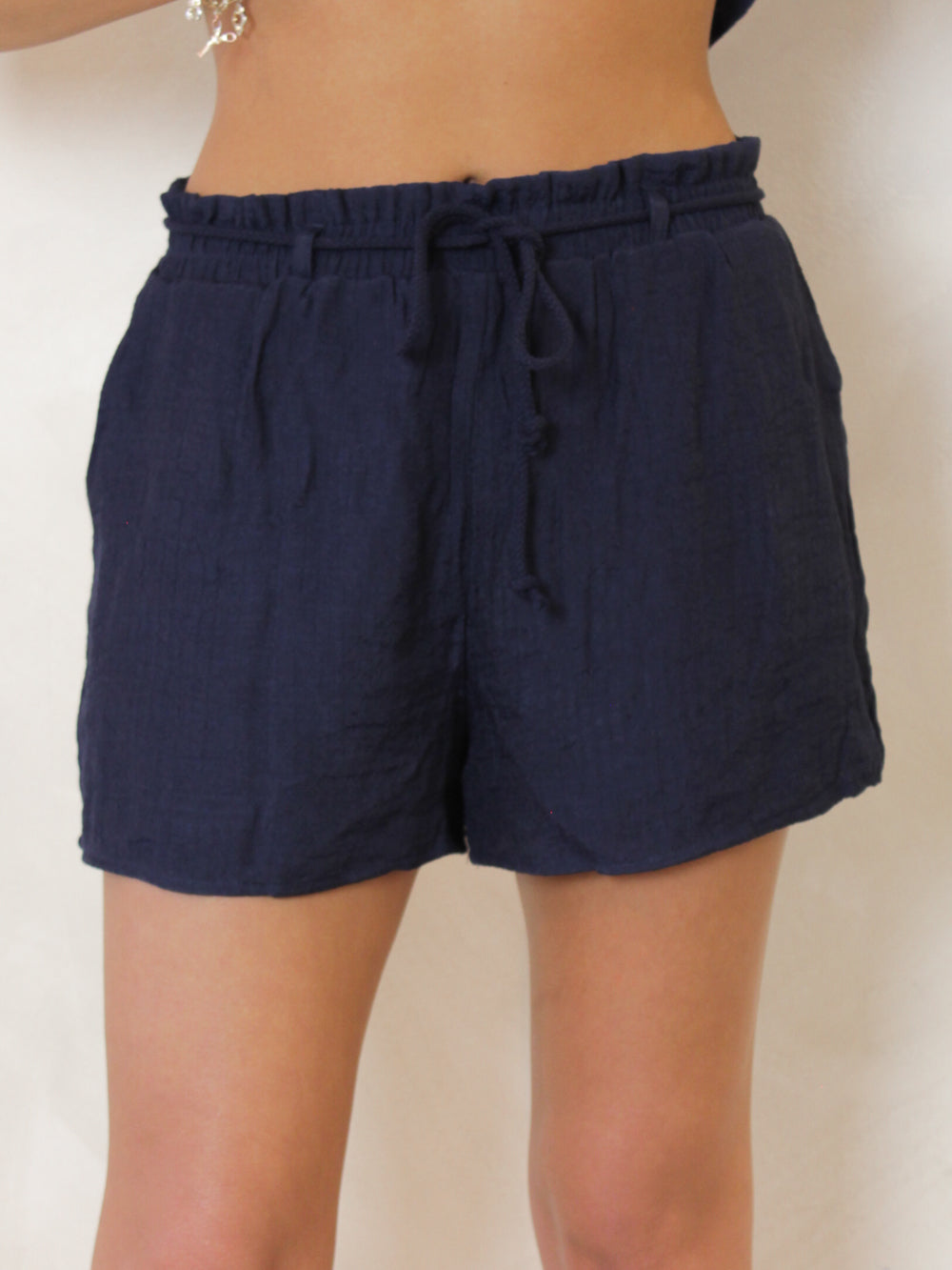 NAVY LINEN SHORTS FOR WOMEN WITH TIE WAIST BELT