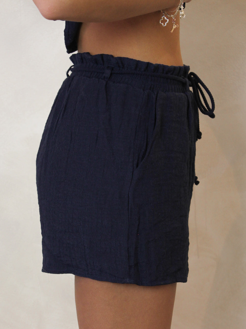 NAVY LINEN SHORTS FOR WOMEN WITH A TIE WASIT BELT