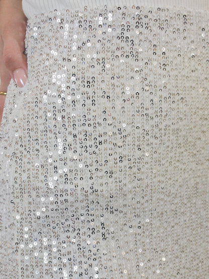 Detail shot of White Midi Skirt with Silver Sequins