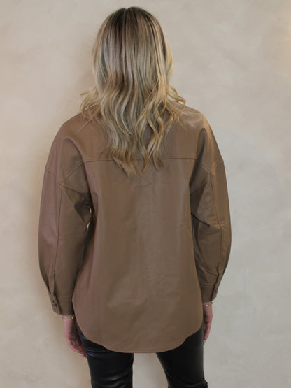 BROWN FAUX LEATHER BUTTON UP TOP