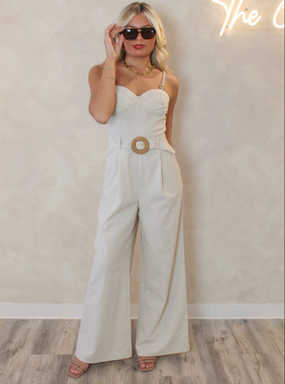 TAN LINEN JUMPSUIT WITH BELT