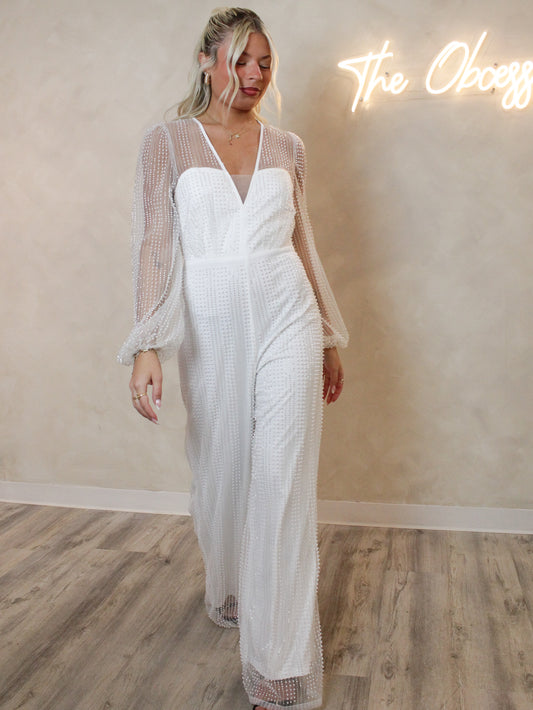 Stunning White Beaded Jumpsuit with Wide Legs and Open Back Detail