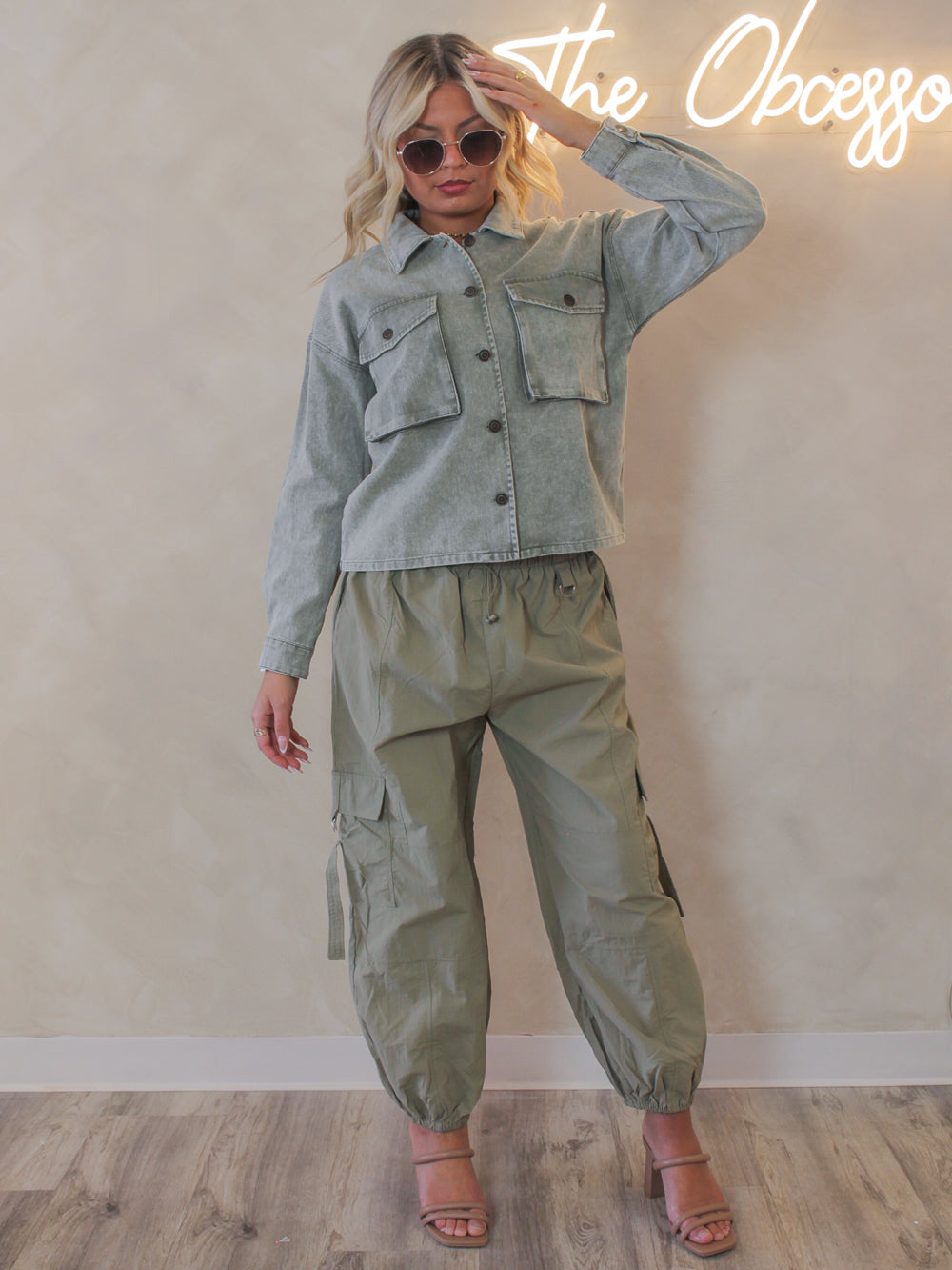 Olive Green Denim Button Down for Women