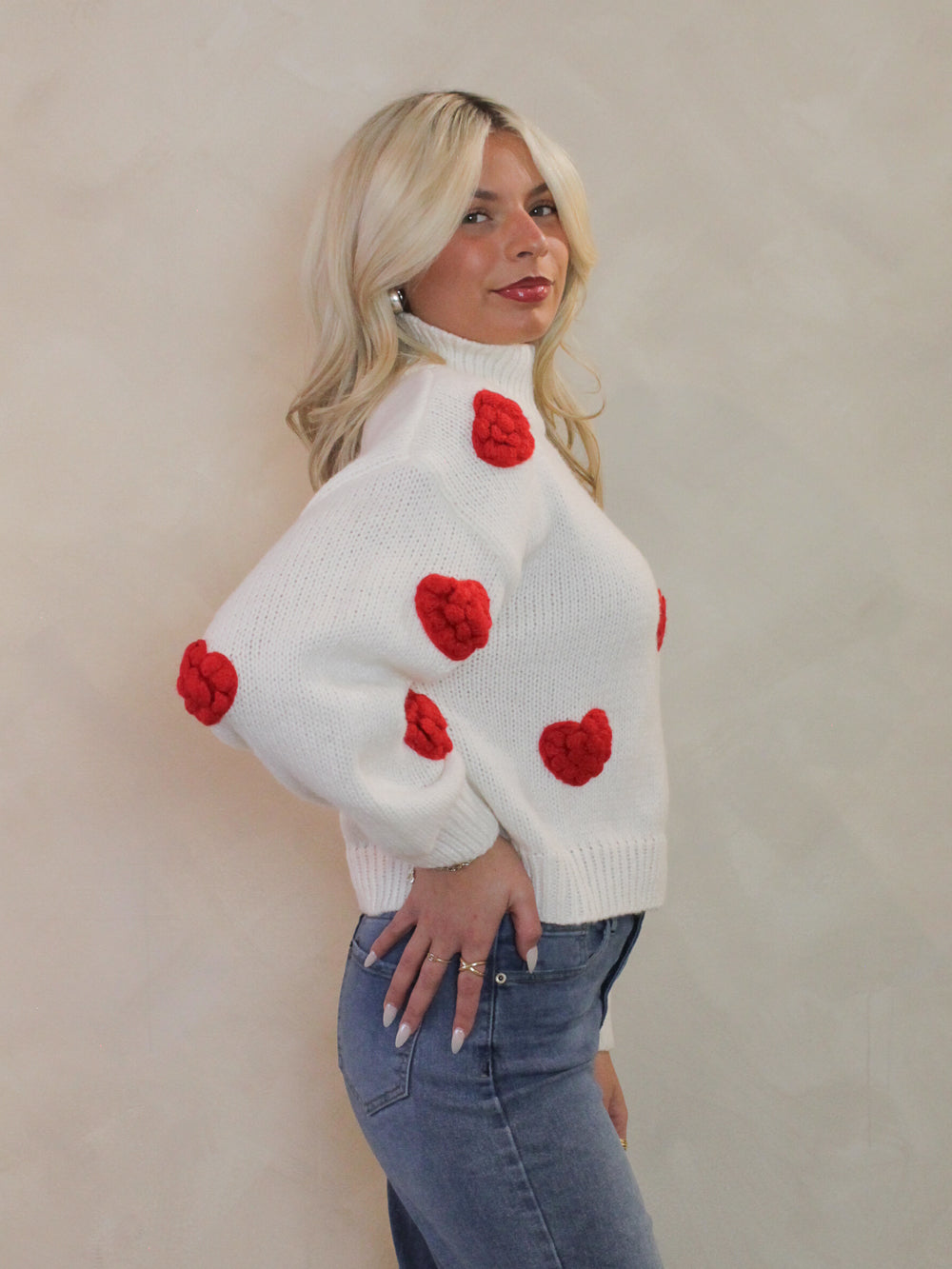 Cream, chunky Sweater with Red puffy hearts all over