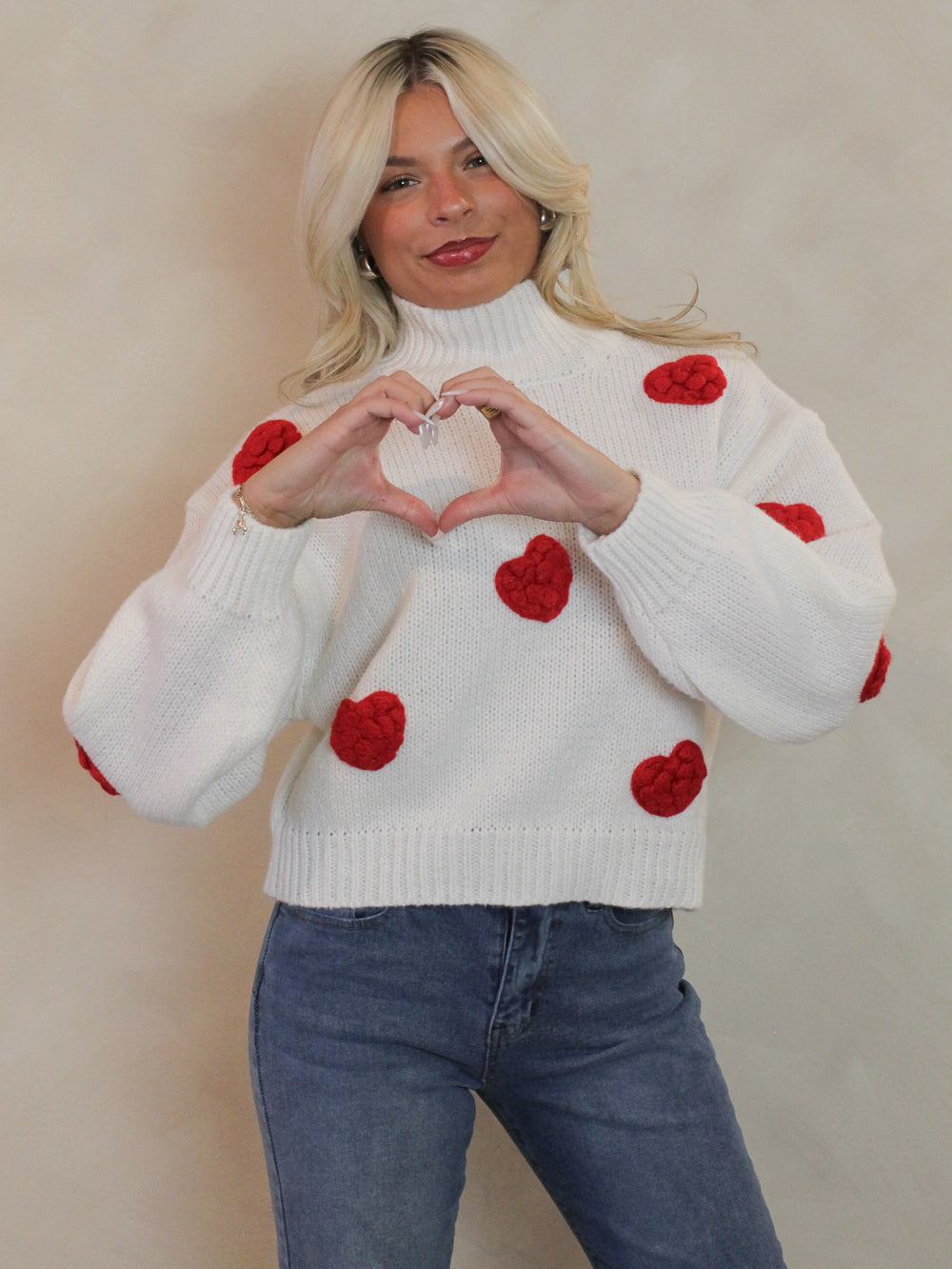 Chunky Knit Cream Sweater with Puffy Red hearts 