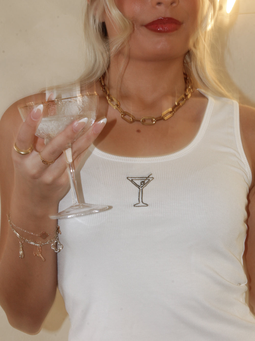 WHITE TANK WITH EMBROIDERED DIRTY MARTINI GRAPHIC
