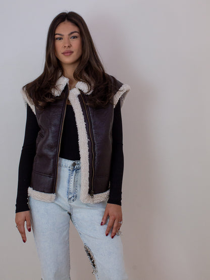 Brown Leather Vest with Shearling Detail 