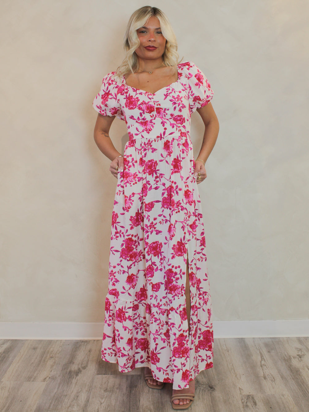 PINK FLORAL MAXI DRESS WITH SHORT SLEEVES