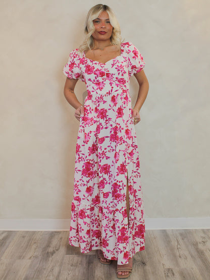 PINK FLORAL MAXI DRESS WITH SHORT SLEEVES