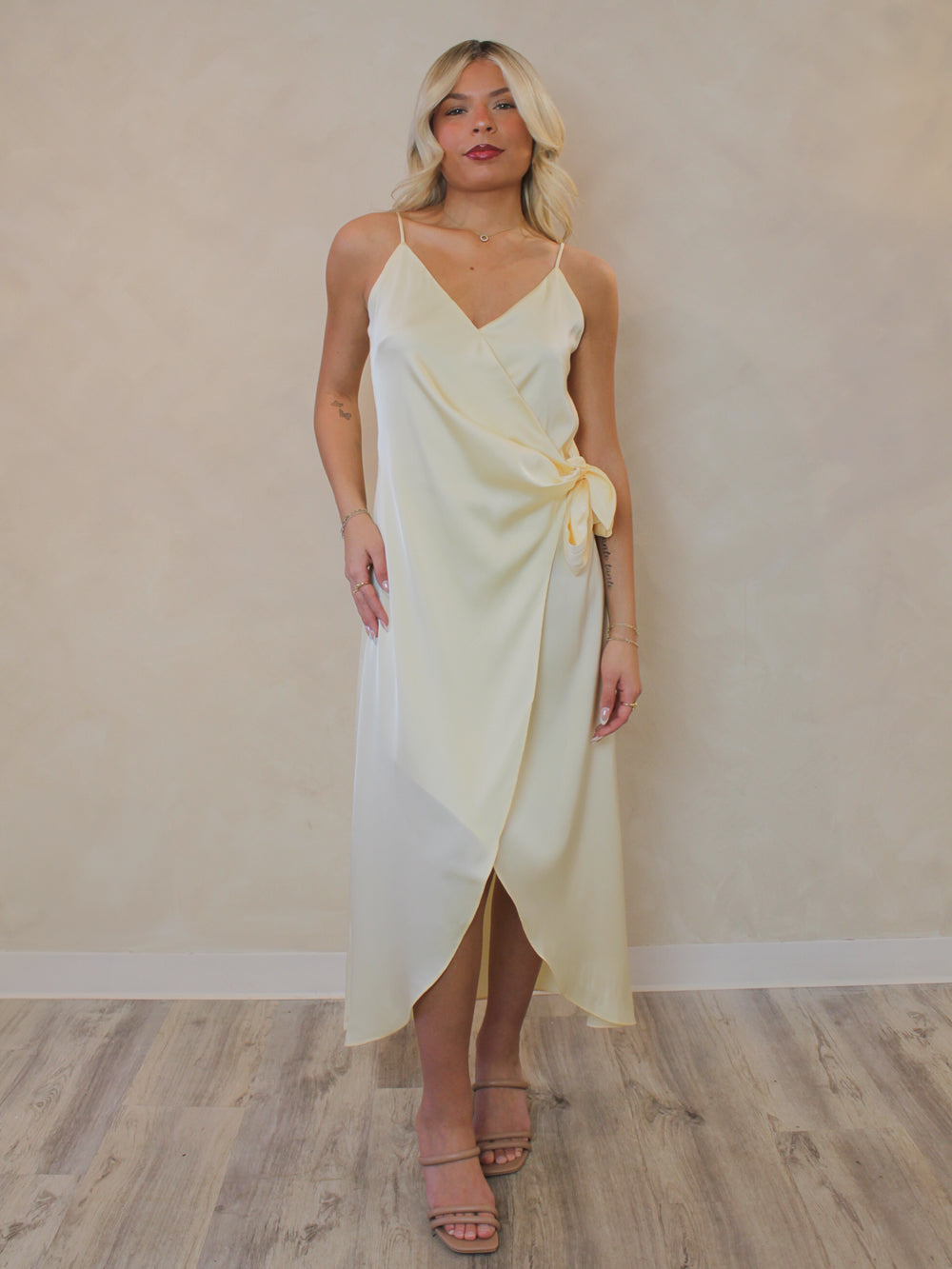 PALE YELLOW WRAP MIDI DRESS