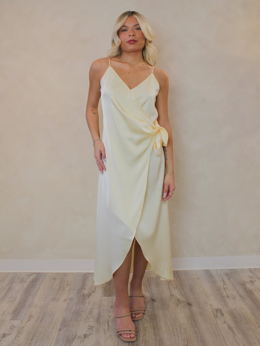 PALE YELLOW WRAP MIDI DRESS