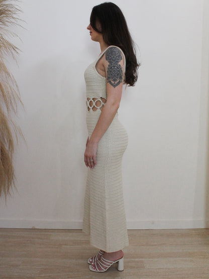 Tan summer knit maxi dress with cutout details
