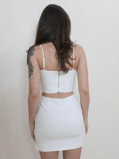 Pearl & Rhinestone White Skirt & Crop Set