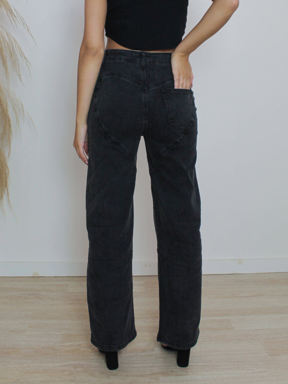 Black wide leg jeans with heart stitch detail 