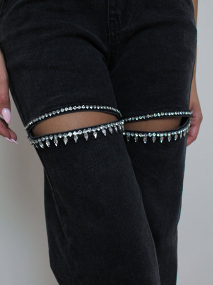 Black Denim with Split Crystal Details 