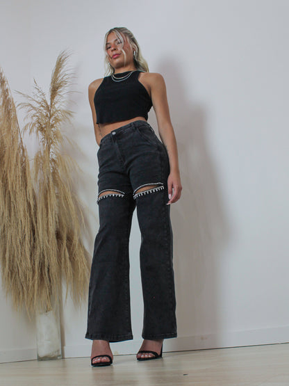 Black wide leg jeans with crystal detail