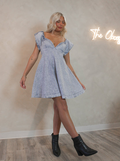 Cute Babydoll Denim Dress with Sparkles - Nashville Outfits | Tailgate Outfit