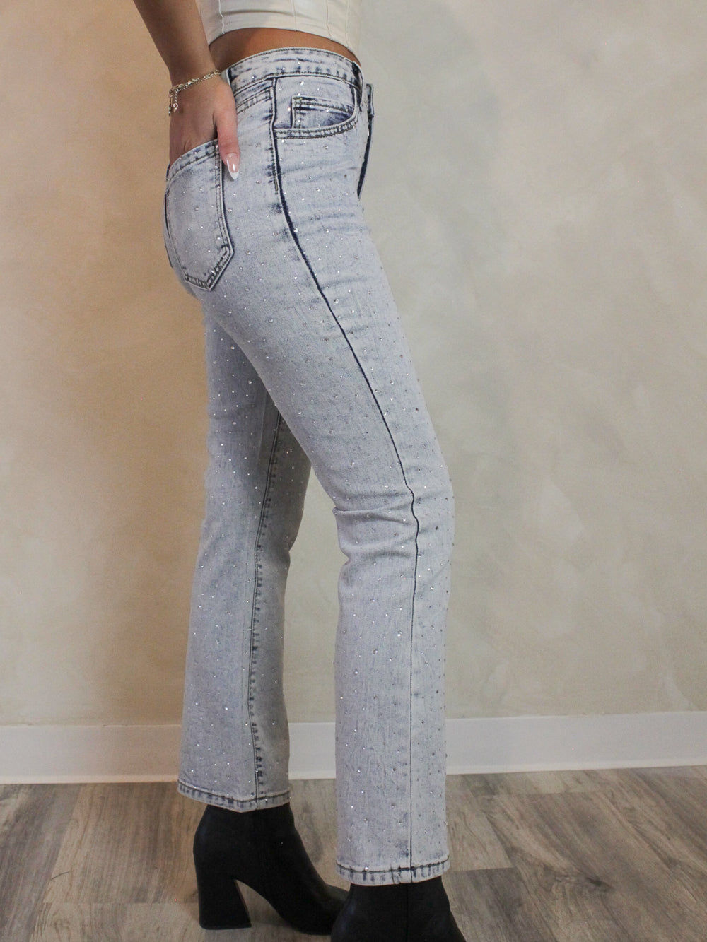 Low Rise, Straight Leg Denim with Rhinestone Denim 