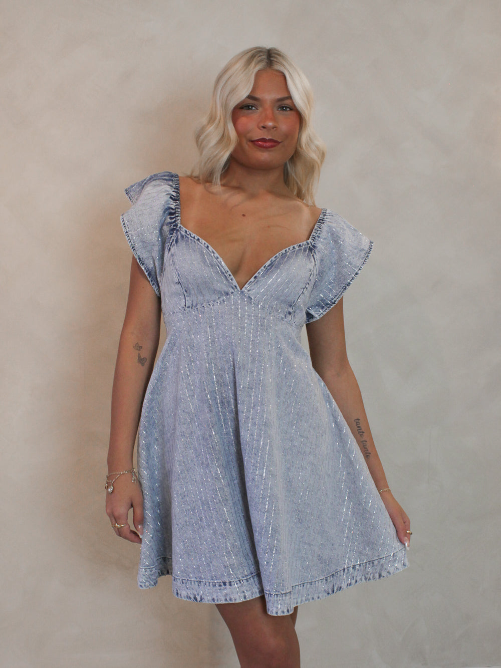 Denim Sparkle Dress with Open Back 