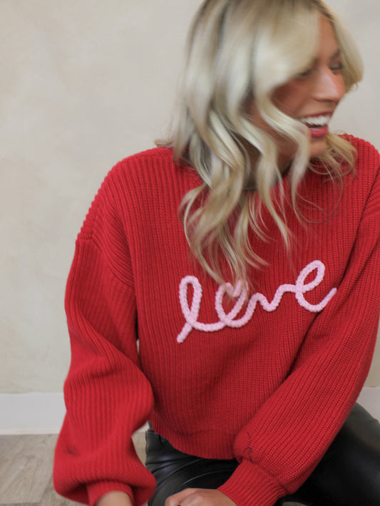 Red knit love letter sweater