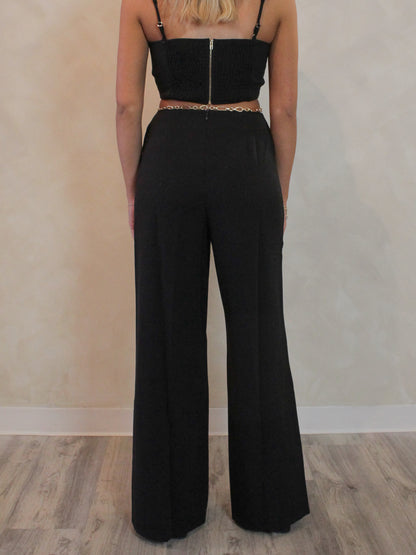 Womens Black Wide Leg Trouser with Chain Belt 