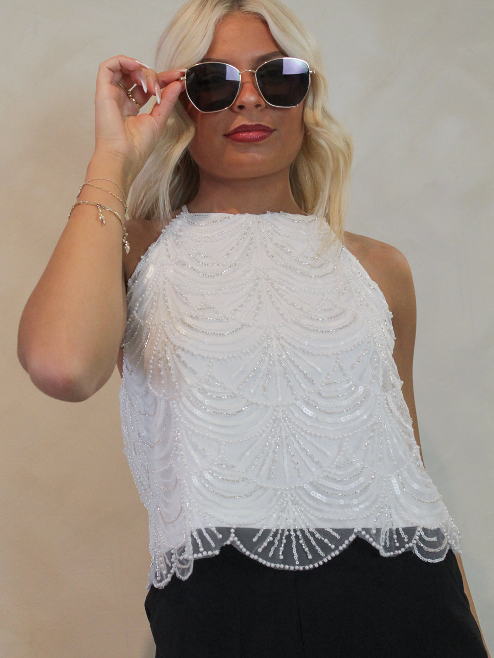 White Beaded Scallop Top  