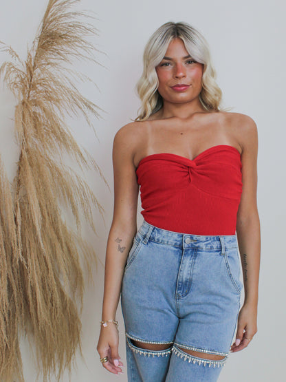 Red Knit Tube Top with Twisted Detail 