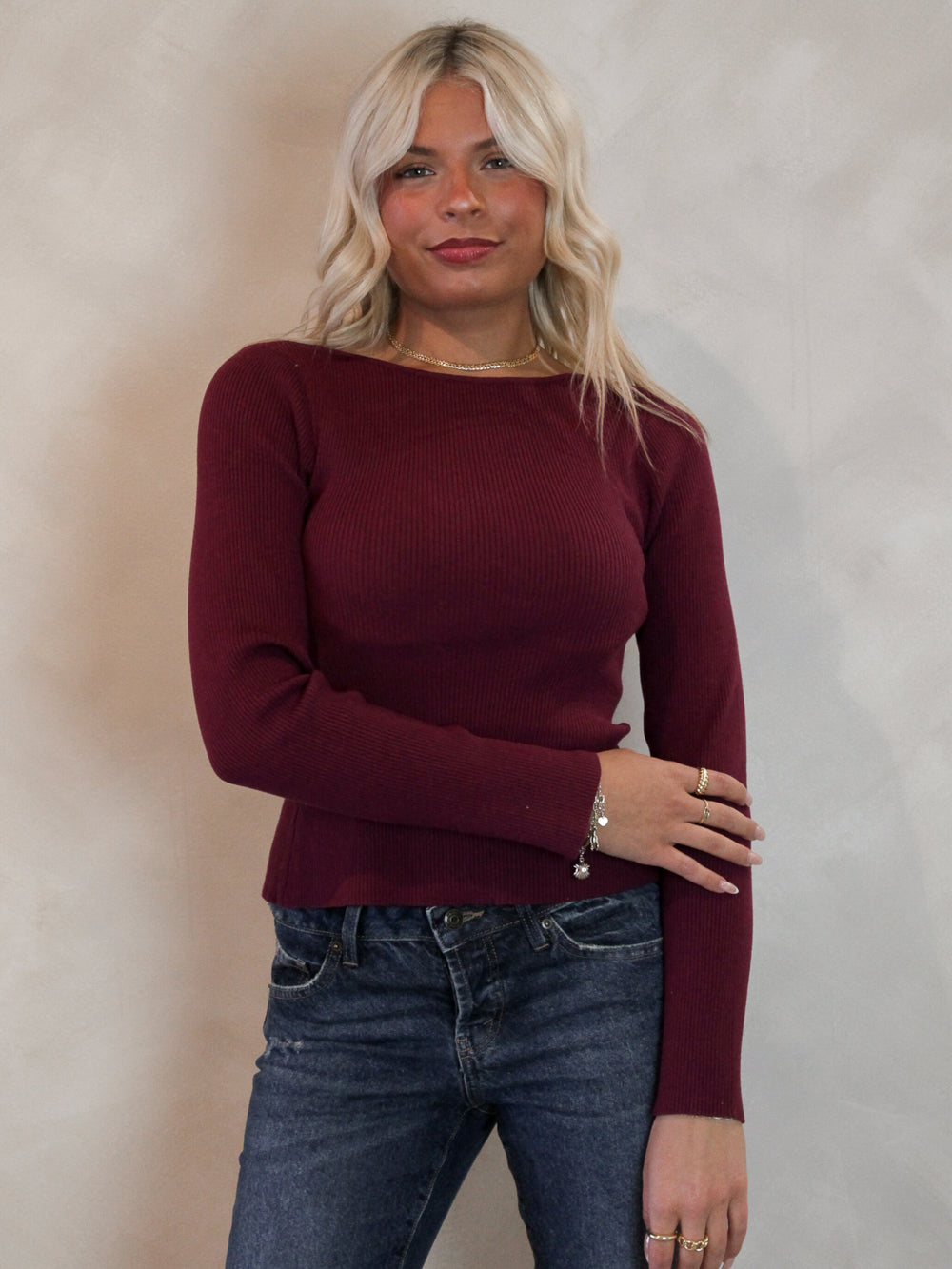 Fitted Burgundy Sweater with Bow Details 