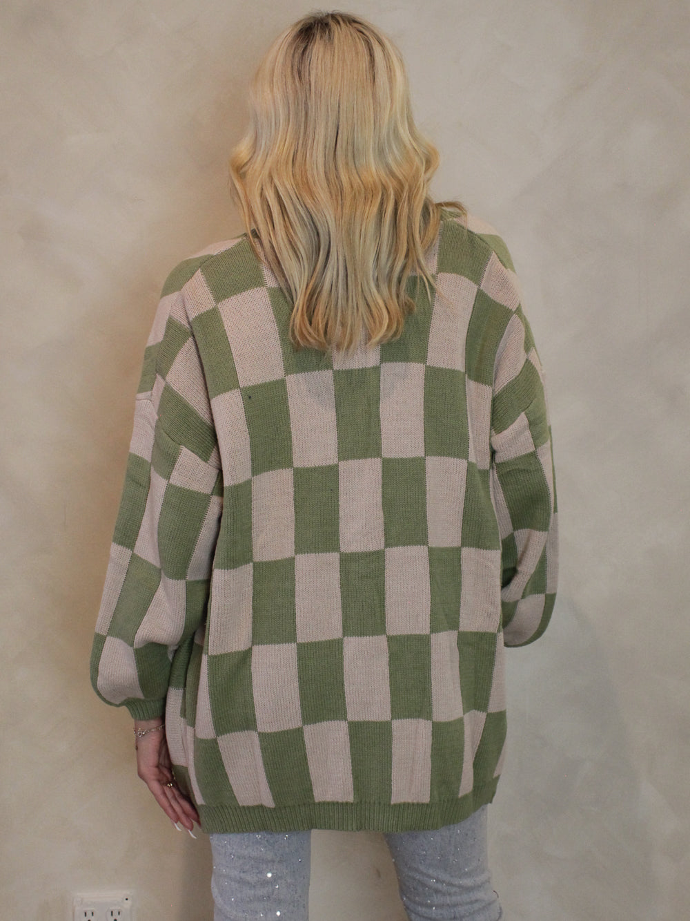 Pink & Green Checkered, Oversized Cardigan