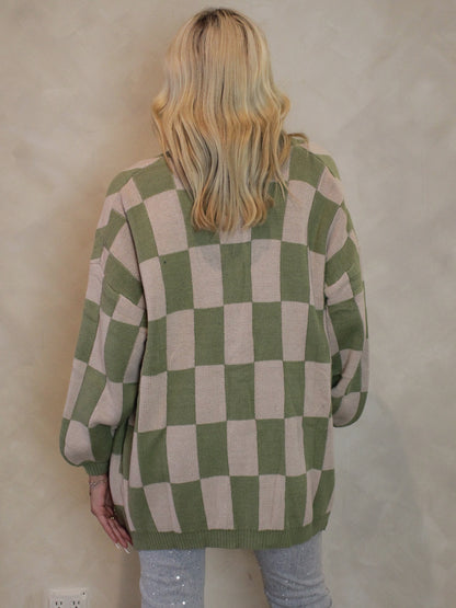 Pink & Green Checkered, Oversized Cardigan