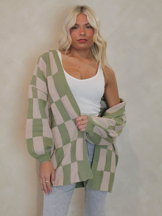 Green and Pink Checkered Cardigan
