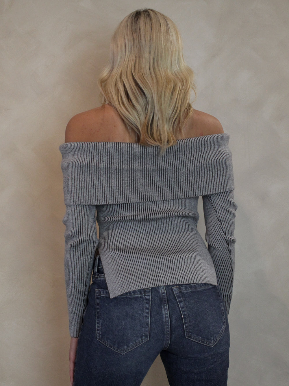 Grey, Ribbed, Off The Shoulder Sweater