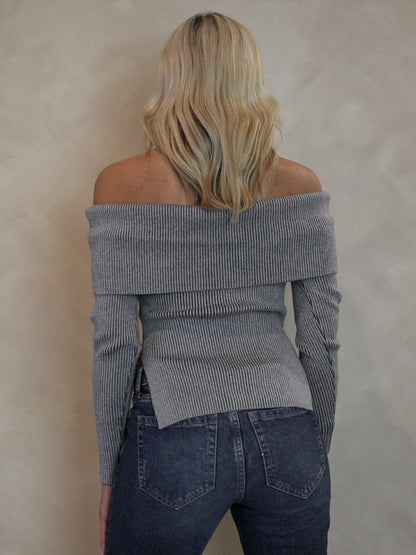 Grey, Ribbed, Off The Shoulder Sweater