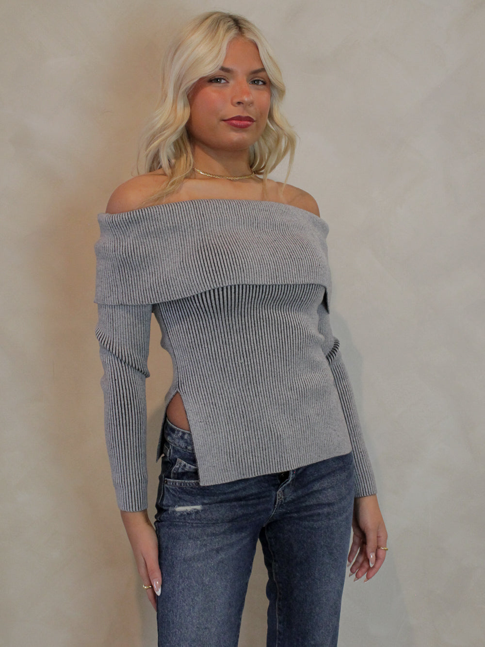 Grey Off The Shoulder Sweater with Side Slit Detail 