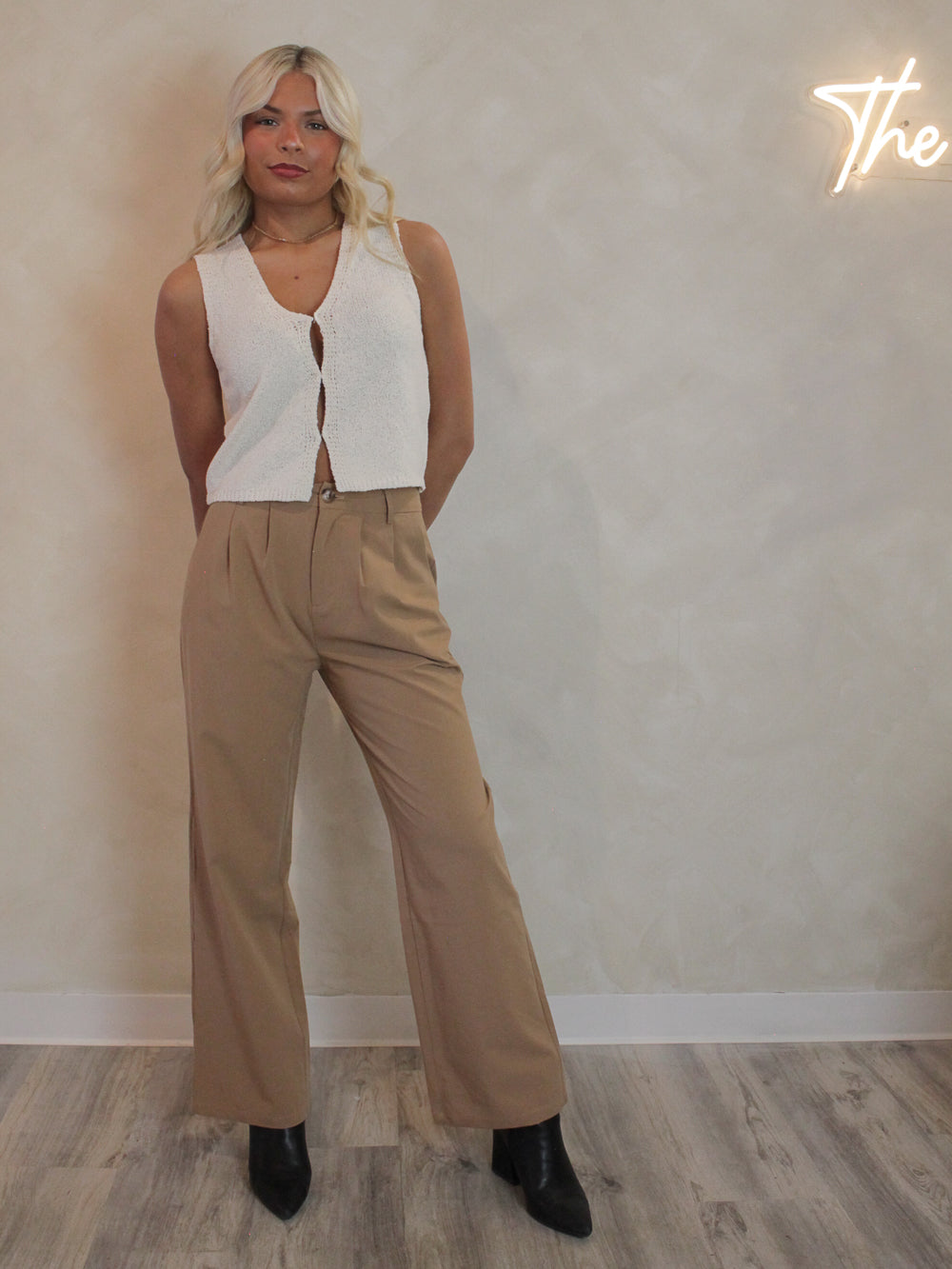 Wide leg tan trouser pants for women
