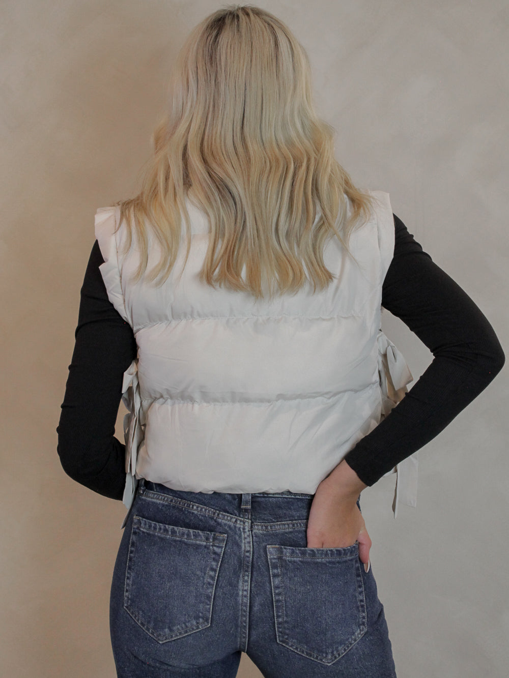 White Puffer Vest with Bow Details 