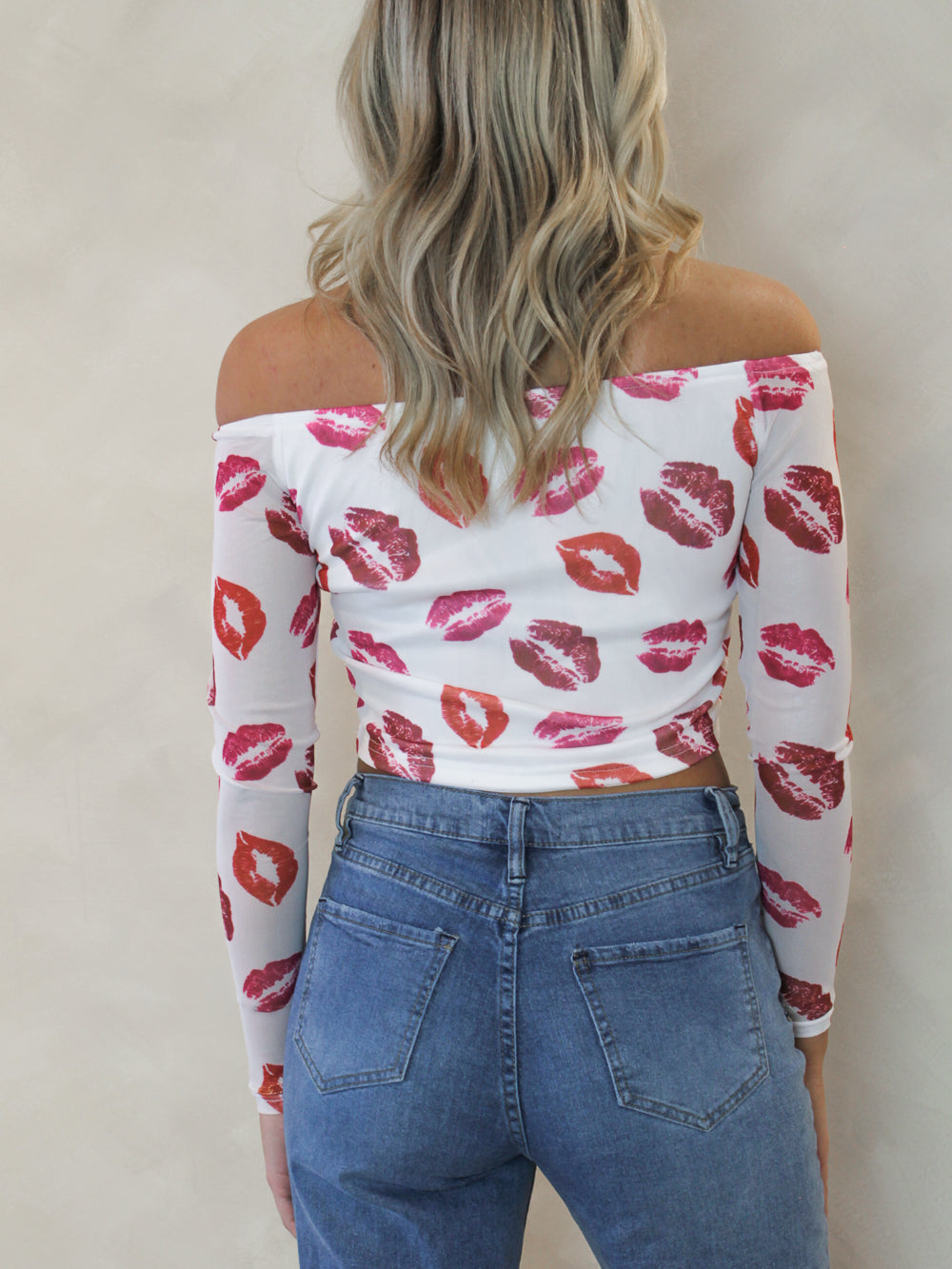 Off the shoulder mesh top with lip print pattern