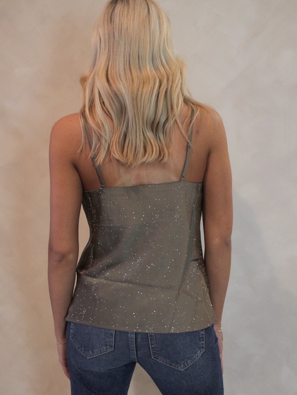 Olive Tank with silver embellishments | holiday tops | party tops 