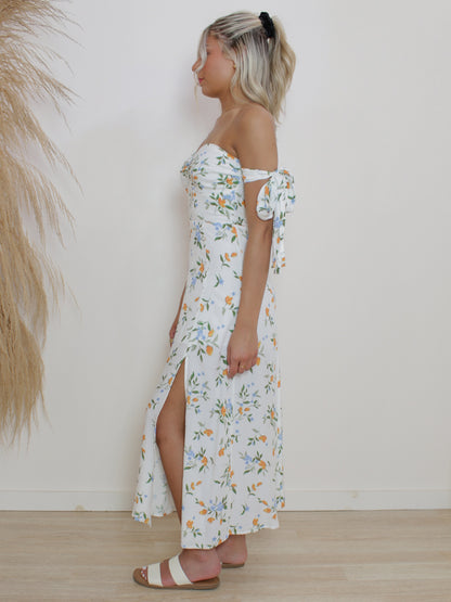 SUMMER RENDEZVOUS OFF THE SHOULDER FLORAL MIDI DRESS